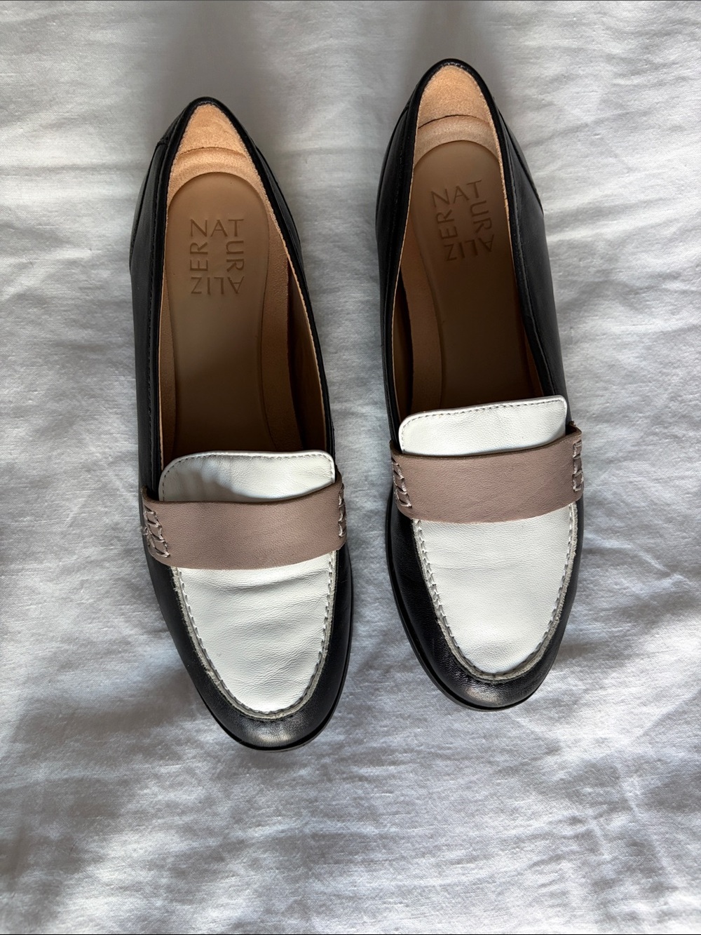 Naturalizer Colorblock Leather Penny Loafers in Black, White & Taupe
